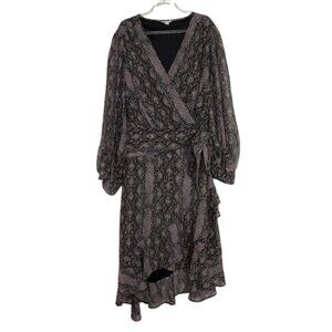Cato Animal Print Dress 22/24W Black Purple Metallic Faux Wrap Asymmetrical Hem